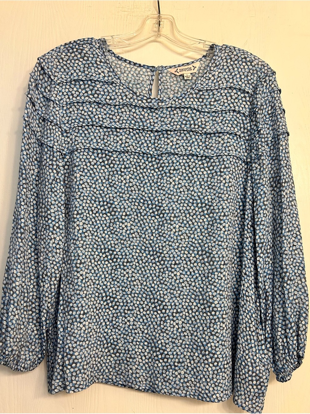 Nanette Lepore Dotted Breezy Bohemian Blue/White Ladies Blouse Sz L.